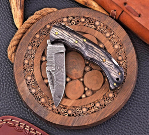 Couteau pliant Short Sign Forge en acier Damas de qualité industrielle, manche en bois Pakka noir, étui, couteau de chasse EDC de poche - Product Image 5