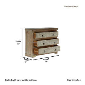 Commode en bois moderne Tiva avec 3 tiroirs, finition blanche vieillie, design élégant pour usage hôtelier, bois de manguier - Product Image 5