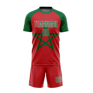 Conjunto de Camiseta y Pantalones Cortos de Fútbol Rojo y Verde para Hombre, Cuello Redondo, Manga Corta, Absorbe la Humedad, Impresión con Nombre del Equipo, para Todas las Temporadas - Product Image 1