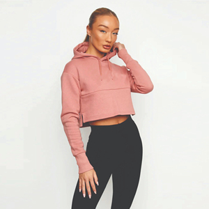 Sudadera con Capucha Corta Rosa para Mujer, Manga Larga, Color Sólido, Tejido de Algodón y Fibra de Bambú, Ropa de Otoño, Logotipo Personalizado, Top Corto con Capucha - Product Image 3