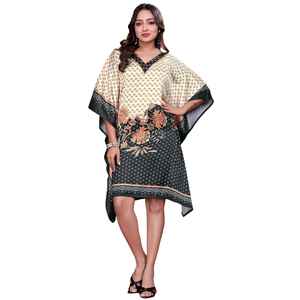 Robe Kaftan Courte pour Femme – Tunique Imprimée Géométrique Bleue et Blanche, Vêtement de Plage de Créateur - Product Image 1