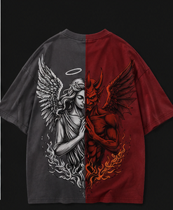 Camiseta de manga corta oversize con estampado personalizado de ángel y demonio, estilo urbano para hombre, cuello redondo, jersey de algodón. - Product Image 3