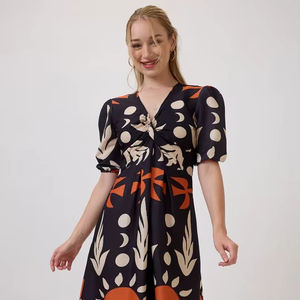 Vestido Midi Estilo Vintage para Mujer, Diseño Único con Encaje Estampado, Dulce y Elegante, Georgette Hecho a Mano, para Fiestas de Verano, Moda Urbana, Natural - Product Image 1