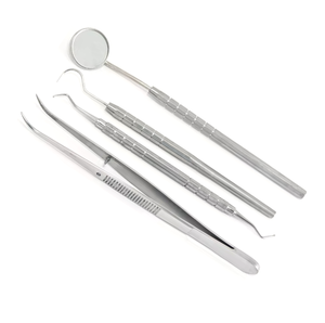 Kit d'examen dentaire en acier inoxydable : Miroir buccal, sonde exploratrice, pince, instruments chirurgicaux de classe I à poignée moletée manuelle - Product Image 1