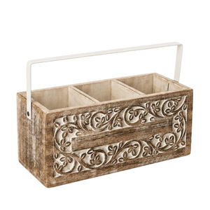 Rustic Hand-Carved Mango Wood Cutlery Holder With Handle 3-Compartment Flatware <b>Caddy</b> & Utensil Organizer For Farmhouse <b>Kitchen</b> - Product Image 1