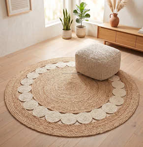 Natural <b>Round</b> Braided Jute Rug with Terracotta Accent Rings for Farmhouse Interior Styling - Product Image 4