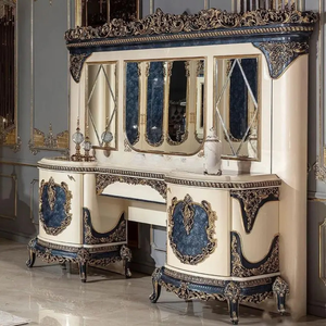 Luxury French Classic <b>Wardrobe</b> Mirror Door Solid Mahogany Wood Hand Carved Blue Accent Antique Wooden Closet Bedroom Furniture - Product Image 5