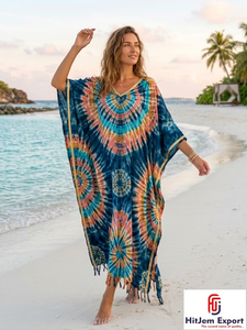 Robe Kaftan Bohème Tie-Dye Personnalisée pour Femme, Longueur Cheville, Cache-Maillot de Plage, Tenue de Vacances d'Été, Fabricant et Fournisseur OEM ODM - Product Image 2