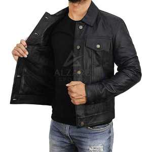 Veste de camionneur classique en cuir pour l'hiver, fermeture à boutons, coupe ajustée pour un look décontracté moderne. - Product Image 5