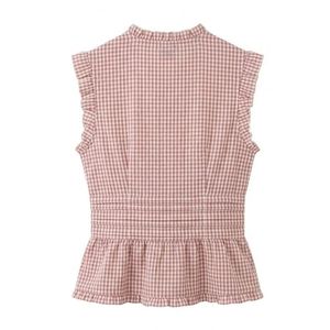 Chemisier Femme Haut de Gamme à Carreaux Vichy, Taille Élastiquée Smockée, Ourlet Volanté, Rose à Carreaux, en Coton, Col Montant, Sans Manches - Product Image 3