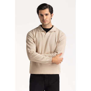 <b>Beige</b> Knitted Pullover Sweater Full Sleeve Solid Color Autumn Wear Regular Fit Single Button Closure - Product Image 4
