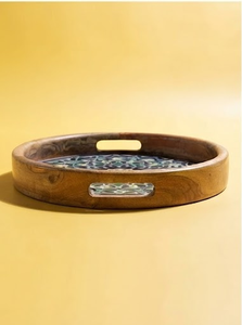 Handcrafted Round Wooden <b>Decorative</b> <b>Tray</b> With Geometric Enamel Coated Mandala Pattern Bohemian Design Handcrafted Single Piece - Product Image 2