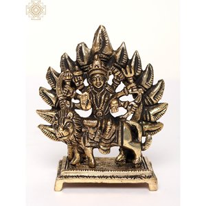 รูปปั้นเทพีดูร์กาทองเหลืองทำมือขนาด 4 นิ้ว พร้อมฐานอัสตาบูจา งานฝีมือสำหรับตกแต่งบ้านและของขวัญ ผลิตในอินเดีย - Product Image 1