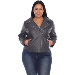 Veste en cuir PU pour femme avec détails rivets, col rabattable, fermeture éclair, coupe classique, style automne, couleur unie - Product Image 3