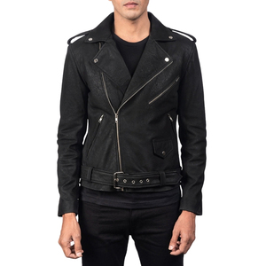 Veste de moto en cuir véritable noir pour homme, coupe ajustée, fermeture éclair, avec épaulettes - Product Image 5