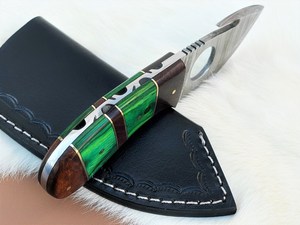 Cuchillo de acero de Damasco de hoja fija con gancho para desollar, mango de madera de espiga completa, para caza industrial, desollado, camping y actividades al aire libre, ODM/OEM, con funda - Product Image 4