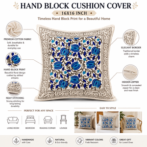 Funda de Cojín de Algodón Estampada a Mano 16x16, Funda de Almohada Floral para Sofá, Sala de Estar, Decoración del Hogar - Product Image 6