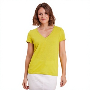 T-shirt décontracté pour femme en coton biologique 100 % tricoté, vert lime, col rond, manches courtes, coupe classique, couleur unie, écologique - Product Image 1