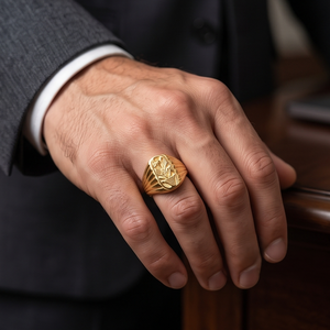 DIVYORO Anillo clásico chapado en oro con motivo de planta en maceta ovalada para hombre - Product Image 3