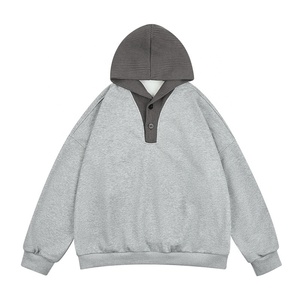 Mezcla de algodón personalizable de alta calidad de gran tamaño Drop Shoulder Clean Fit Button Closure Knitted Hood Fleece Lined Hoodie para hombres - Product Image 3