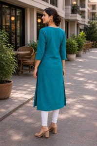 Kurtis de Algodón Color Verde Azulado para Mujer, con Cuello en V Bordado, Corte Holgado, Largo Midi, Estilo Tradicional Indio-Pakistaní, Ropa Casual - Product Image 6