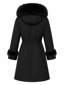 Manteau d'hiver élégant noir mi-long en duvet avec capuche et poignets en fourrure pour femme - Product Image 5