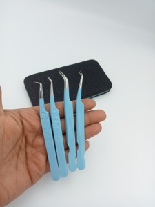 Ensemble de pinces à cils de précision à pointe lisse en acier inoxydable, étui crème, outil professionnel pour cils, 2 pièces, logo personnalisé, pointe ultra-fine - Product Image 1