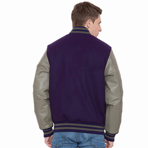 Veste de sport pour homme en violet avec manches en cuir PU gris, col rabattu, fermeture à boutons, couleur unie, vêtement décontracté pour l'automne - Product Image 6