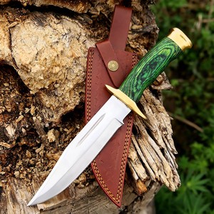Couteau de chasse Bowie en acier 3cr13 avec manche en bois Pakka et embout en laiton, couteau de chasse et de camping avec étui en cuir - Product Image 5