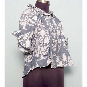 Blusa Moderna Vintage de Verano con Estampado Floral Dulce, 100% Algodón Lavable, Estilo Casual Femenino con Cuello Redondo con Volantes, Largo Regular - Product Image 4