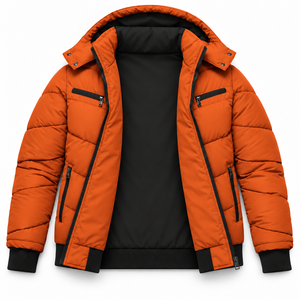 Custom Mens Hooded Puffer <b>Jacket</b> Warm Quilted Winter Coat Water Resistant Shell Ribbed Cuffs Multi Zipper Pocket Design - Product Image 6