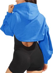 Women Cut-out Crop Tops Hoodies Gym Workout Drawstring Cotton Pullover <b>Sweatshirts</b> Drop Shoulder Cropped Hoodie - Product Image 2