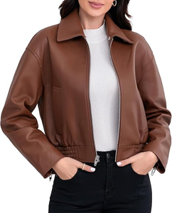 Women's Brown Genuine <b>Leather</b> Moto <b>Jacket</b> Full Sleeve Stand Collar Zipper Closure Autumn Style - Product Image 4
