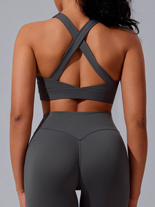 Ensemble de yoga uni pour femme, legging taille haute et crop top, sans couture, en Spandex et Polyester, 2 pièces, tenue de sport, col licou, fitness - Product Image 2