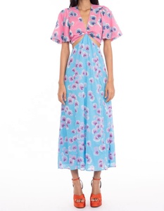 Robe trapèze coréenne élégante à imprimé floral, col en V, taille ajustée, poches latérales, en jersey 100% coton, pour l'été, offre ODM - Product Image 1