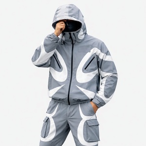 2026 Men's Gray Hooded Tracksuit Full <b>Zip</b> <b>Sweatshirt</b> & Pants Set Geometric Print Streetwear Autumn Wear Windproof 100% Polyester - Product Image 4