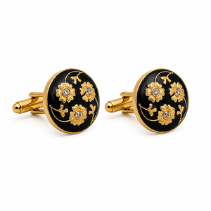 Boutons de manchette en émail noir avec motif floral doré pour occasions formelles et anniversaires - Product Image 1