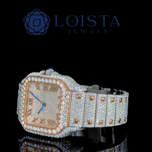 Montre de luxe pour homme, style hip-hop, à quartz, en acier inoxydable, avec bracelet en diamants Moissanite VVS, cadran blanc à chiffres romains, entièrement pavée sur mesure - Product Image 2