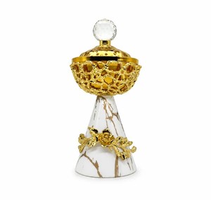 Brûleur à Bakhoor en métal doré de luxe, Mabkhara, brûleur d'encens arabe Oud avec base en céramique, décoration spirituelle pour la maison - Product Image 3