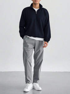 Sweat-shirt unisexe en molleton de coton bleu marine à demi-zip, coupe droite, col montant, 100 % coton, grammage lourd, style streetwear - Product Image 3