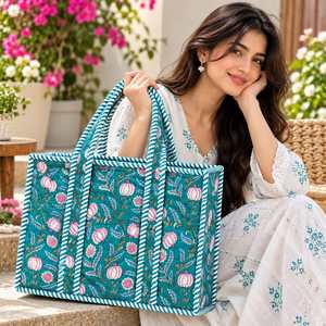 Sac fourre-tout en toile à motifs floraux bleu avec fermeture éclair, grande capacité, style classique, pour toutes les saisons - Product Image 2