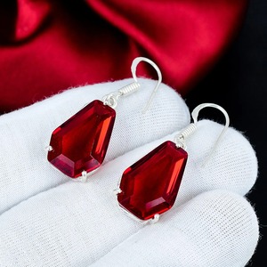 <b>Red</b> Garnet 925 Sterling Silver <b>Earrings</b> Handmade Coffin Shape Gemstone <b>Earrings</b> Antique Style Jewelry Gift For Her - Product Image 2