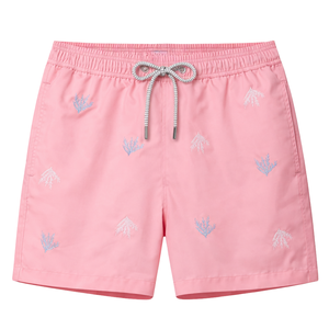 Short de bain mi-long pour homme rose à motif végétal brodé, séchage rapide, taille élastique, avec poche - Product Image 1