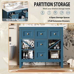 Mobile Bagno Freestanding da 36 Pollici con 5 Cassetti, Struttura in Legno Massello e Lavabo in Resina - Mobile Contenitore Bagno da 36 Pollici - Product Image 5