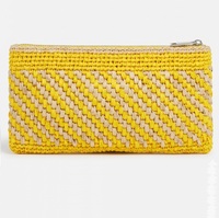 Tas Selempang Jerami Geometris dengan Kancing, Gaya Bohemian, Anyaman Biru dan Beige, untuk Penggunaan Sehari-hari, Tas Wanita, Lapisan Katun, Rumbai