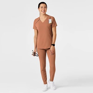Unisex Brown <b>Scrub</b> <b>Top</b> Knitted Custom Material V-Neck Short Sleeve Hospital Uniform High Quality Needle Detection Supported - Product Image 2