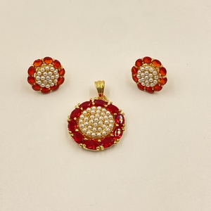 Best Selling Statement Red Oval Stone Pendant Set Pearl Accents 22K Gold Plated Brass Necklace & <b>Earrings</b> Set - Product Image 4