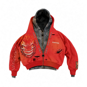 Wholesale Custom Flame Graphic <b>Hoodie</b> Men Oversized <b>Red</b> Vintage Streetwear Full Zip Distressed Hooded Jacket OEM Supplier - Product Image 1