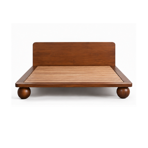 Lit plateforme en teck massif, cadre de lit en bois à profil bas avec pieds arrondis, mobilier de chambre moderne - Product Image 1