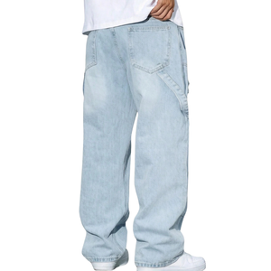 Mens <b>Light</b> Blue Carpenter Jeans Loose Fit Straight Leg Distressed Denim Pants Casual Workwear Streetwear Style Washed 100% - Product Image 2